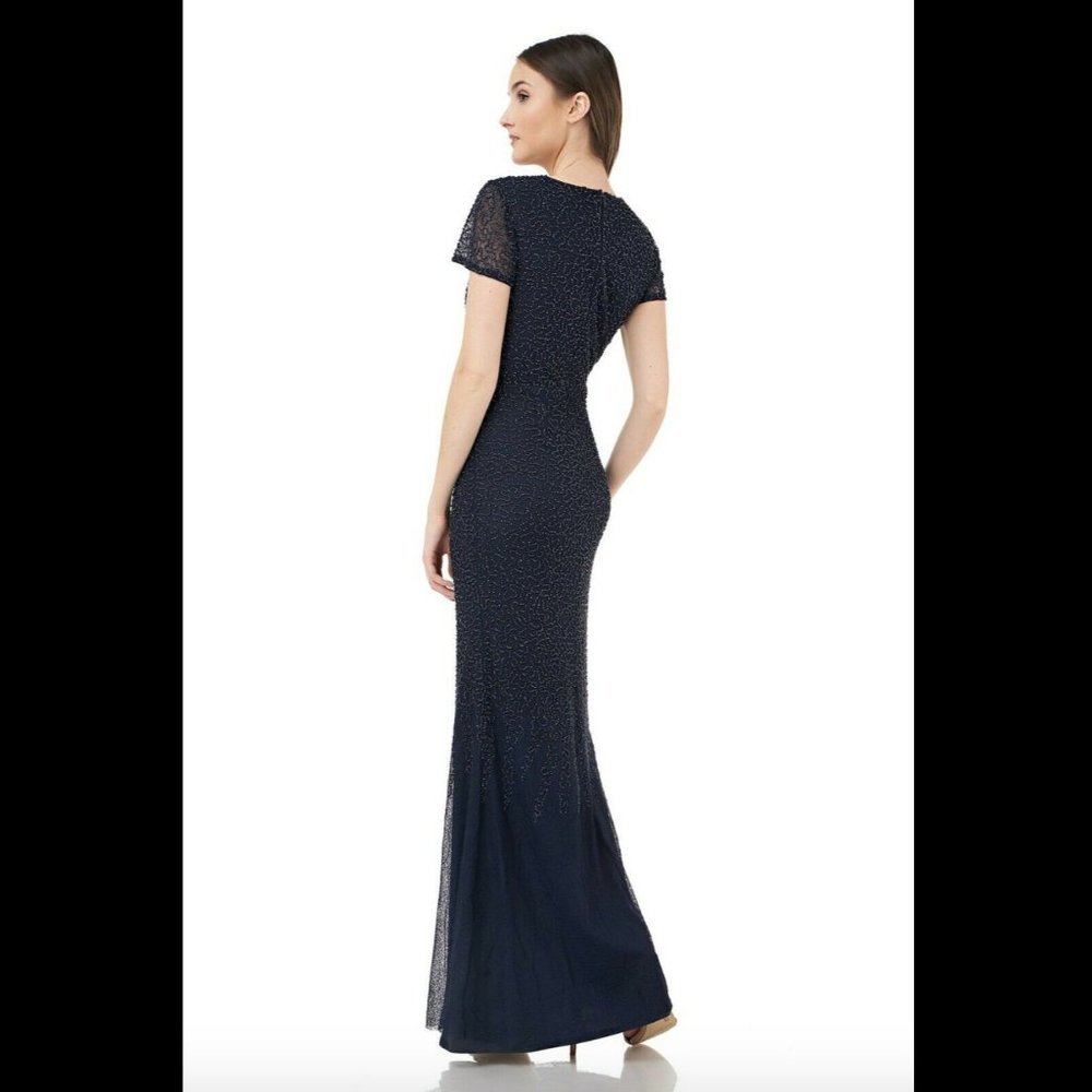 NWT $358 JS Collection Cowl Neck Beaded Mesh Gown in Blue [SZ‎ 10 ] - Picture 3 of 12